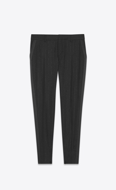 Tuxedo-band pants with “gangster lamé” stripes